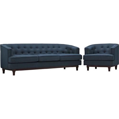 Coast Sofa & Arm Chair Set in Tufted Azure Fabric on Walnut Stained Legs