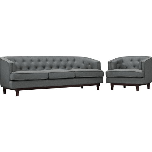 Coast Sofa & Arm Chair Set in Tufted Gray Fabric on Walnut Stained Legs