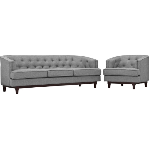 Coast Sofa & Arm Chair Set in Tufted Light Gray Fabric on Walnut Stained Legs