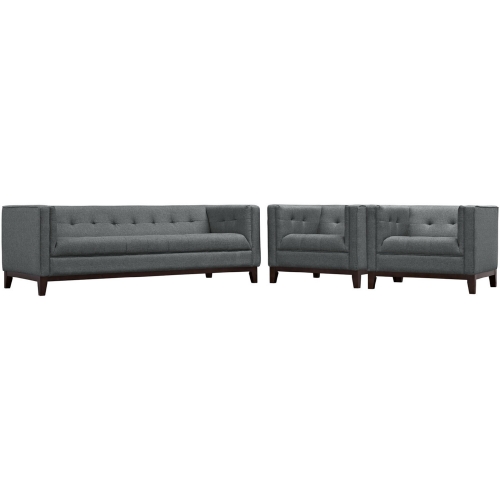 Serve Sofa & 2 Arm Chair Set in Center Tufted Gray Fabric on Walnut Stained Legs