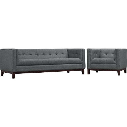 Serve Sofa & Arm Chair Set in Center Tufted Gray Fabric on Walnut Stained Legs