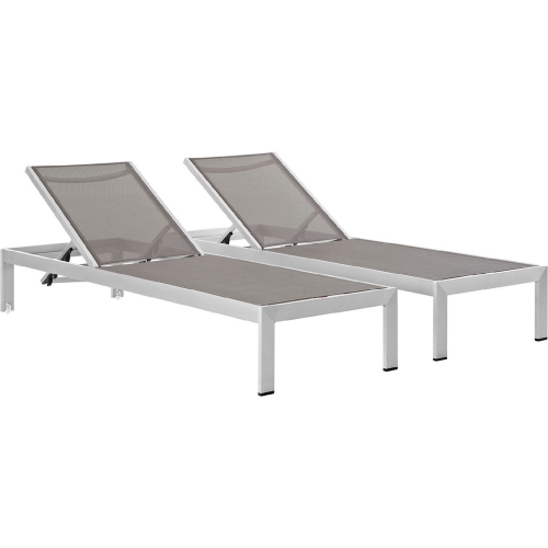 Shore Outdoor Patio Chaise in Brushed Aluminum & Gray Mesh (Set of 2)