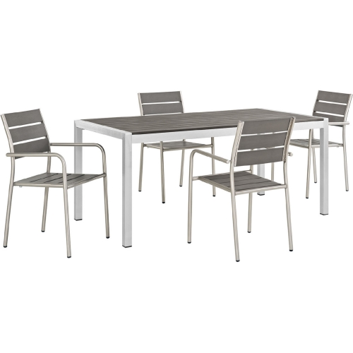 Shore 5 Piece Outdoor Patio Dining Set in Brushed Aluminum & Gray Poly Wood