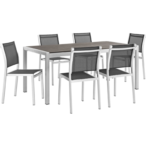 Shore Outdoor Patio 7 Piece Dining Set in Aluminum, Poly Wood & Black Mesh