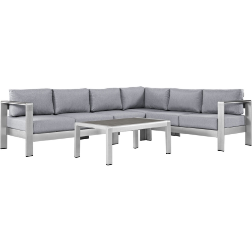 Shore 5 Piece Outdoor Patio Aluminum Sectional Sofa Set w/ Gray Cushions