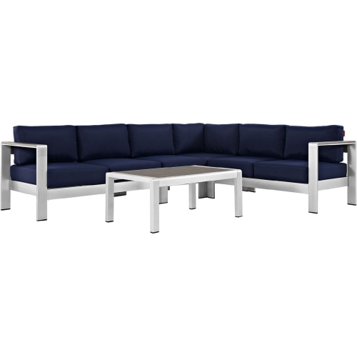 Shore 5 Piece Outdoor Patio Aluminum Sectional Sofa Set w/ Navy Cushions