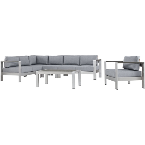 Shore 6 Piece Outdoor Patio Aluminum Sectional Sofa Set w/ Gray Cushions