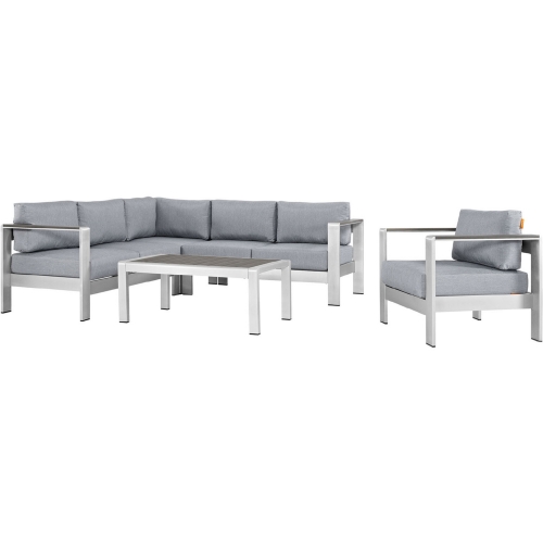 Shore 5 Piece Outdoor Patio Aluminum Sectional Sofa Set w/ Gray Cushions