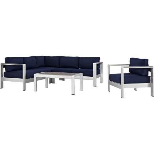 Shore 5 Piece Outdoor Patio Aluminum Sectional Sofa Set w/ Navy Cushions