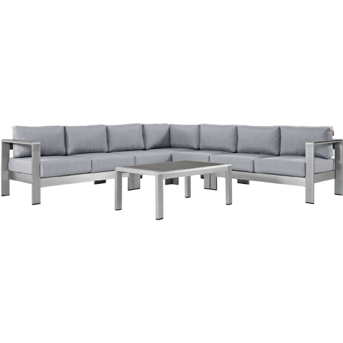 Shore 6 Piece Outdoor Patio Aluminum Sectional Sofa Set w/ Gray Cushions