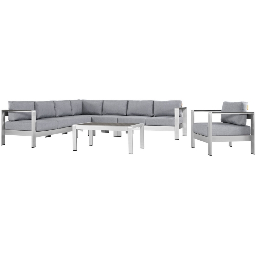 Shore 7 Piece Outdoor Patio Aluminum Sectional Sofa Set w/ Gray Cushions