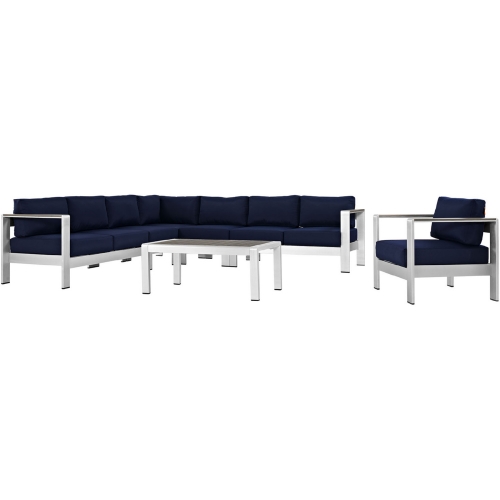 Shore 7 Piece Outdoor Patio Aluminum Sectional Sofa Set w/ Navy Cushions