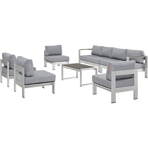 Shore 7 Piece Outdoor Patio Aluminum Sofa Set w/ Gray Cushions