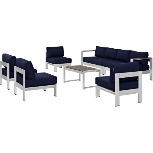 Shore 7 Piece Outdoor Patio Aluminum Sofa Set w/ Navy Cushions