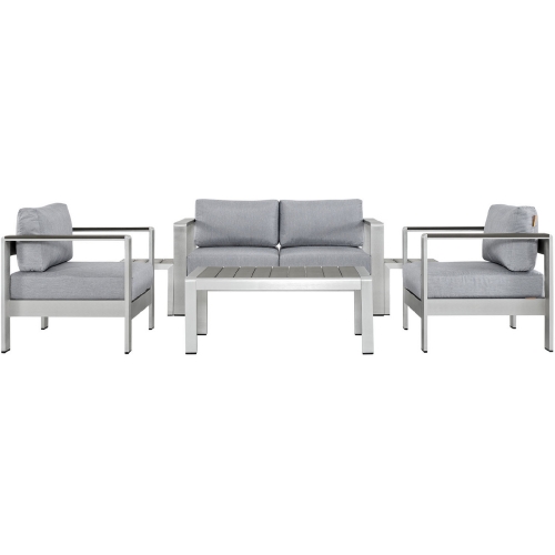 Shore 6 Piece Outdoor Patio Aluminum Loveseat & Arm Chairs Set w/ Gray Cushions