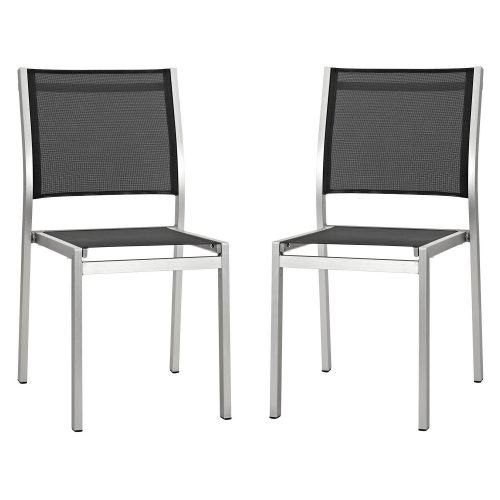 Shore Outdoor Patio Dining Chair in Brushed Aluminum & Black Mesh (Set of 2)