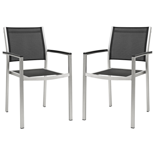 Shore Outdoor Patio Dining Arm Chair in Brushed Aluminum & Black Mesh (Set of 2)