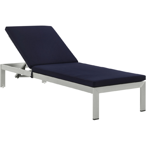 Shore Outdoor Patio Silver Aluminum Chaise w/ Navy Cushions