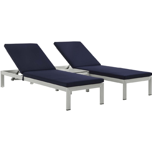 Shore 3 Piece Outdoor Aluminum Chaise w/ Navy Cushions & Table Set