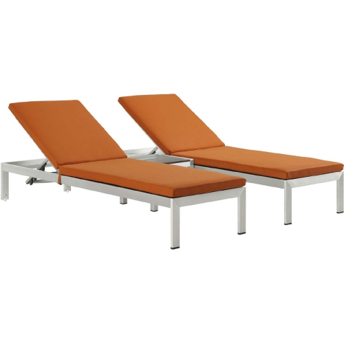 Shore 3 Piece Outdoor Aluminum Chaise w/ Orange Cushions & Table Set