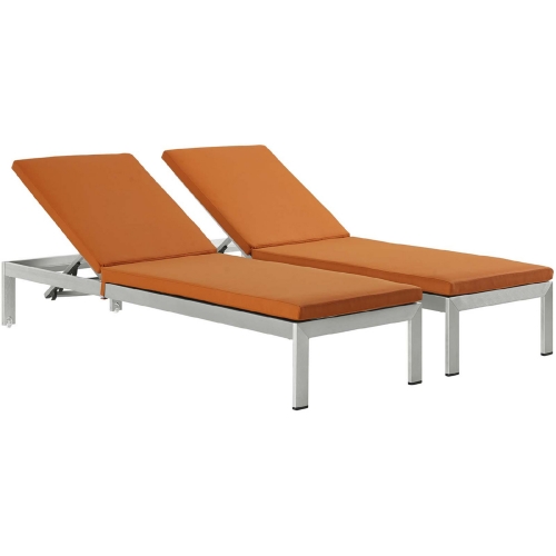 Shore Outdoor Patio Aluminum Chaise w/ Orange Cushions (Set of 2)