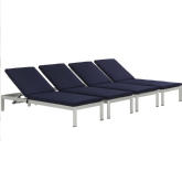 Shore Outdoor Patio Aluminum Chaise w/ Navy Cushions (Set of 2)