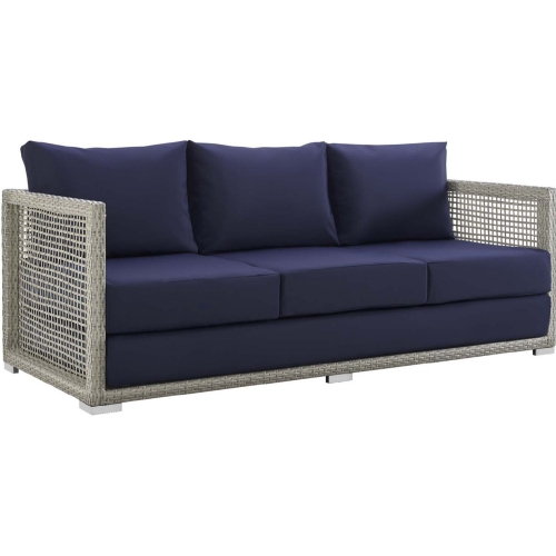 Aura Outdoor Gray Wicker Rattan Sofa w/ Navy Fabric