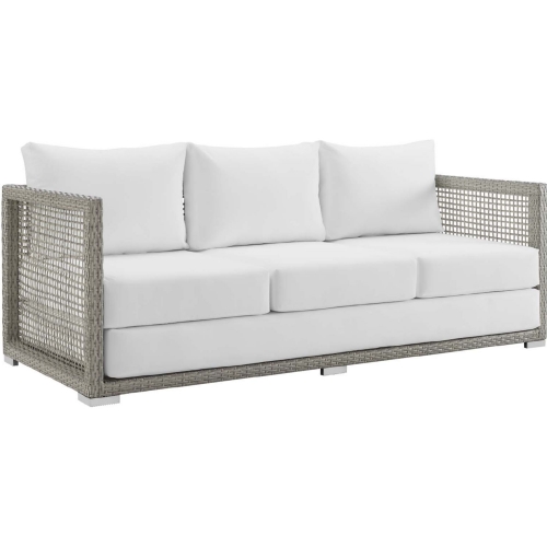 Aura Outdoor Gray Wicker Rattan Sofa w/ White Fabric