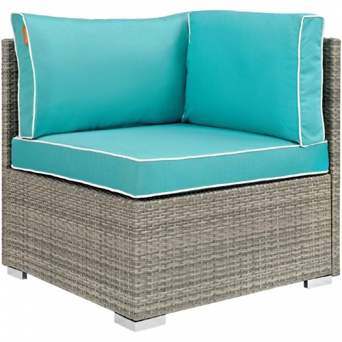 Repose Outdoor Corner Sectional Unit in Poly Rattan & Turquoise Fabric