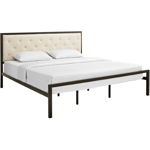 Mia King Tufted Beige Fabric Bed on Brown Metal Frame