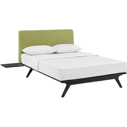 Tracy 3 Pc. Queen Bed & 2 Tables Set in Green Fabric on Cappuccino Legs