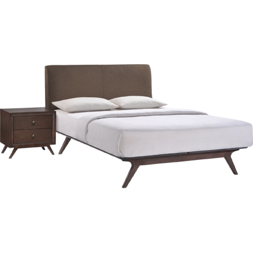 Tracy 2 Pc. Queen Bed & Nightstand Set in Brown Fabric on Cappuccino Legs