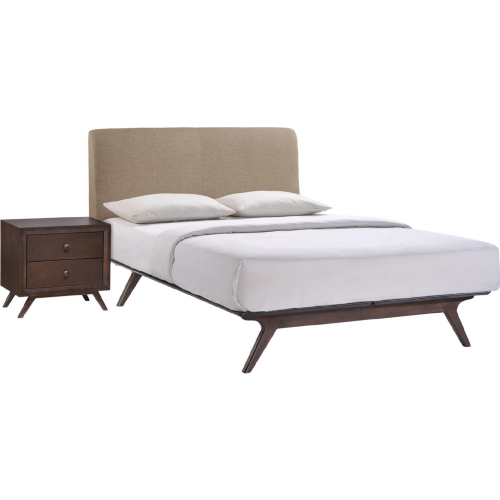 Tracy 2 Pc. Queen Bed & Nightstand Set in Latte Fabric on Cappuccino Legs