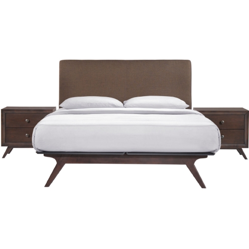 Tracy 3 Pc. Queen Bed & 2 Nightstands Set in Brown Fabric on Cappuccino Legs