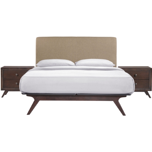 Tracy 3 Pc. Queen Bed & 2 Nightstands Set in Latte Fabric on Cappuccino Legs