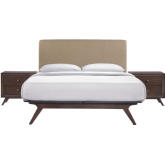 Tracy 3 Pc. Queen Bed & 2 Nightstands Set in Latte Fabric on Cappuccino Legs