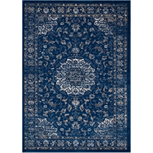 Lilja Distressed Vintage Persian Medallion 5 x 8 Area Rug in Blue & Ivory