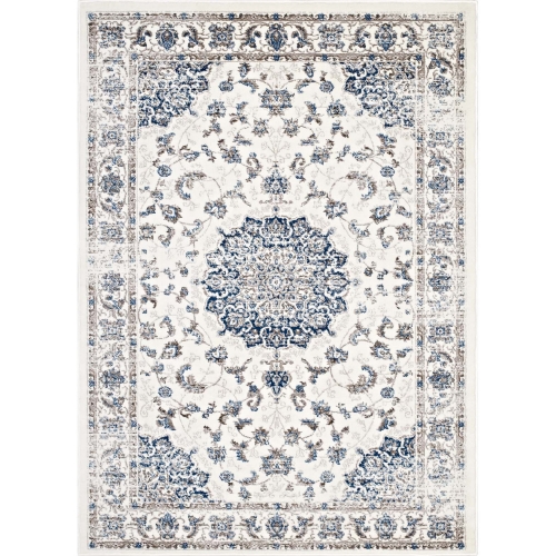 Lilja Distressed Vintage Persian Medallion 5 x 8 Area Rug in Blue & Ivory