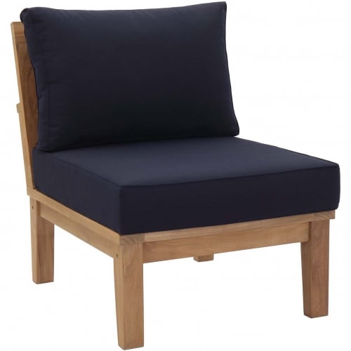 Marina Outdoor Armless Modular Sectional Sofa Unit in Teak & Navy Blue Fabric