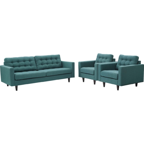 Empress Sofa & 2 Arm Chair Set in Tufted Teal Fabric