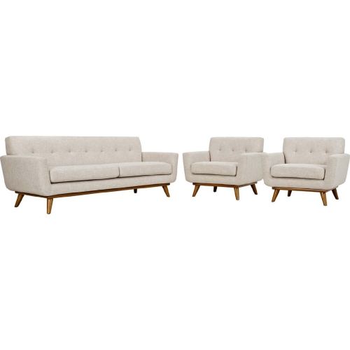 Engage Sofa & 2 Arm Chair Set in Tufted Beige Fabric