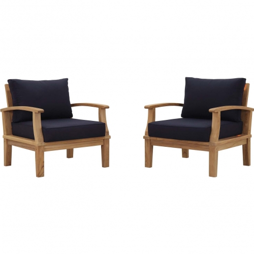 Marina Outdoor Arm Chair in Teak & Navy Blue Fabric (Set of 2)