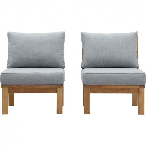 Marina Outdoor Armless Chair in Teak & Gray Fabric (Set of 2)