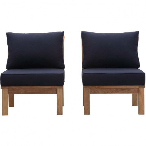 Marina Outdoor Armless Chair in Teak & Navy Blue Fabric (Set of 2)