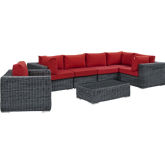 Summon 7 Piece Outdoor Sectional Sofa Set in Poly Rattan & Red Sunbrella &reg;