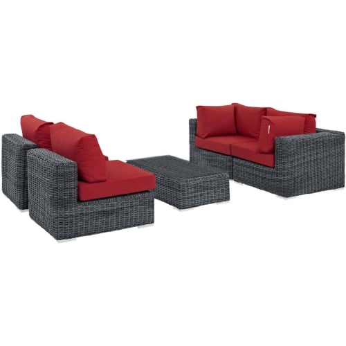 Summon 5 Piece Outdoor Sectional Sofa Set in Poly Rattan & Red Sunbrella &reg;