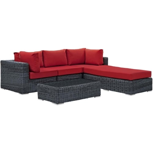 Summon 5 Piece Outdoor Sectional Sofa Set in Poly Rattan & Red Sunbrella &reg;