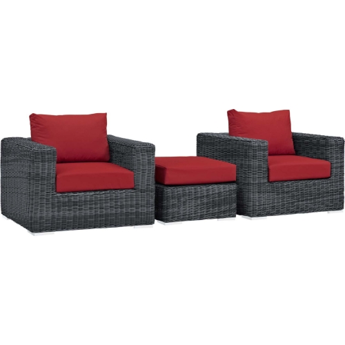 Summon 3 Piece Outdoor Arm Chair Set in Poly Rattan & Red Sunbrella &reg;