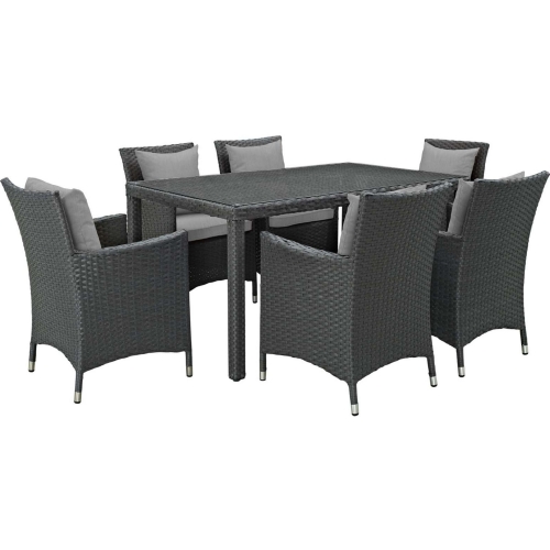 Sojourn 7 Piece Outdoor Sunbrella&reg; Dining Set in Chocolate Poly Rattan & Grey