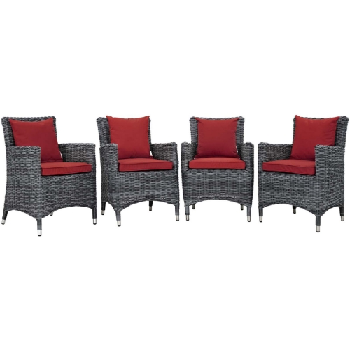 Summon 4 Piece Outdoor Sunbrella&reg; Dining Set in Gray Rattan & Red